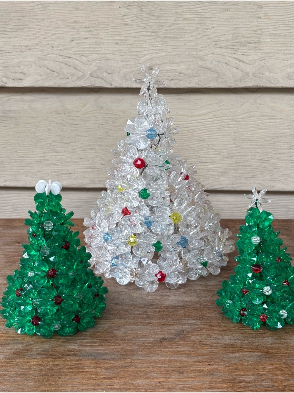 3 VTG handcrafted beaded Christmas tree decor, from the 1980s or 1990s.
